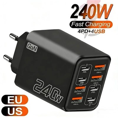 240W GaN 8-in-1 USB-C Fast Charger for iPhone/Samsung/Xiaomi EU/US Plug