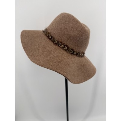 100% Wool Felt Look Wide Brim Floppy Hat Boho Ranch Chic Feather Band