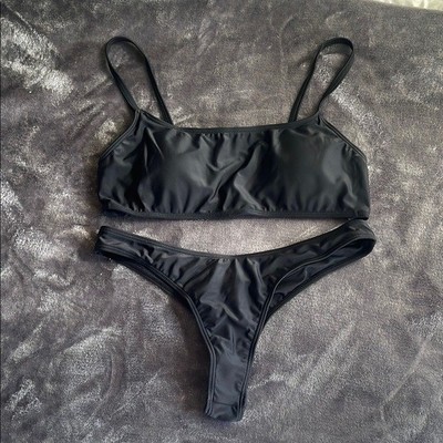 SUMMER MAE Black Minimalist Bikini Set adjustable bralette & cheeky bottom M