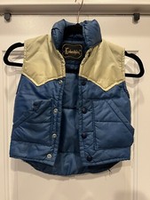 Vintage 60s 70s Lakeshire Blue Tan 2T 3T Kids Puffer Snap Vest - RARE