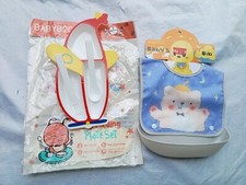 BABY feeding plate spoon and fork set with blue baby bib