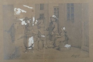 19th C Pencil Drawing Of Village Scene W Gouache Highlights 5 7 8 X 3 Ebay