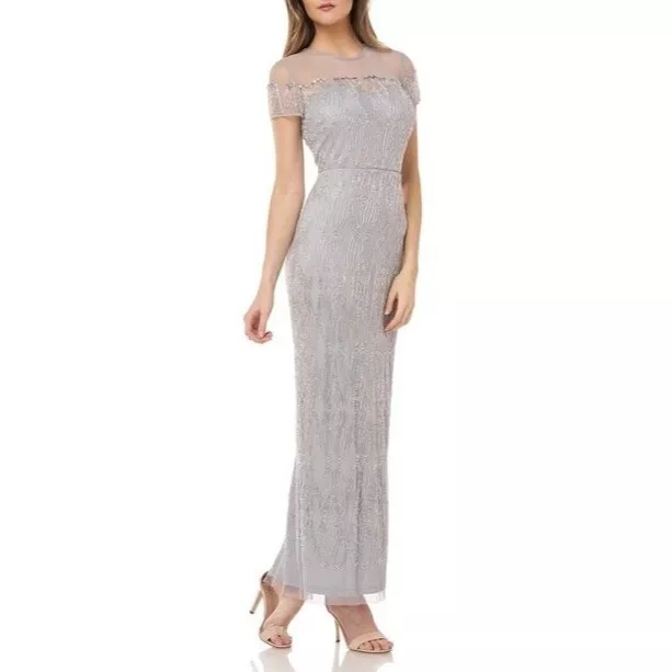 JS Collections Womens Silver Beaded Illusion Yoke Evening Dress