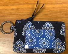 Vera Bradley Zip Clip ID Holder Coin Purse with Key Ring Blue Lagoon