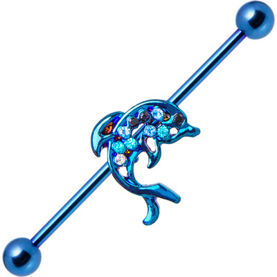 Industrial Barbell Dolphin Blue Anodized Cartilage 316L Surgical Steel 14G 