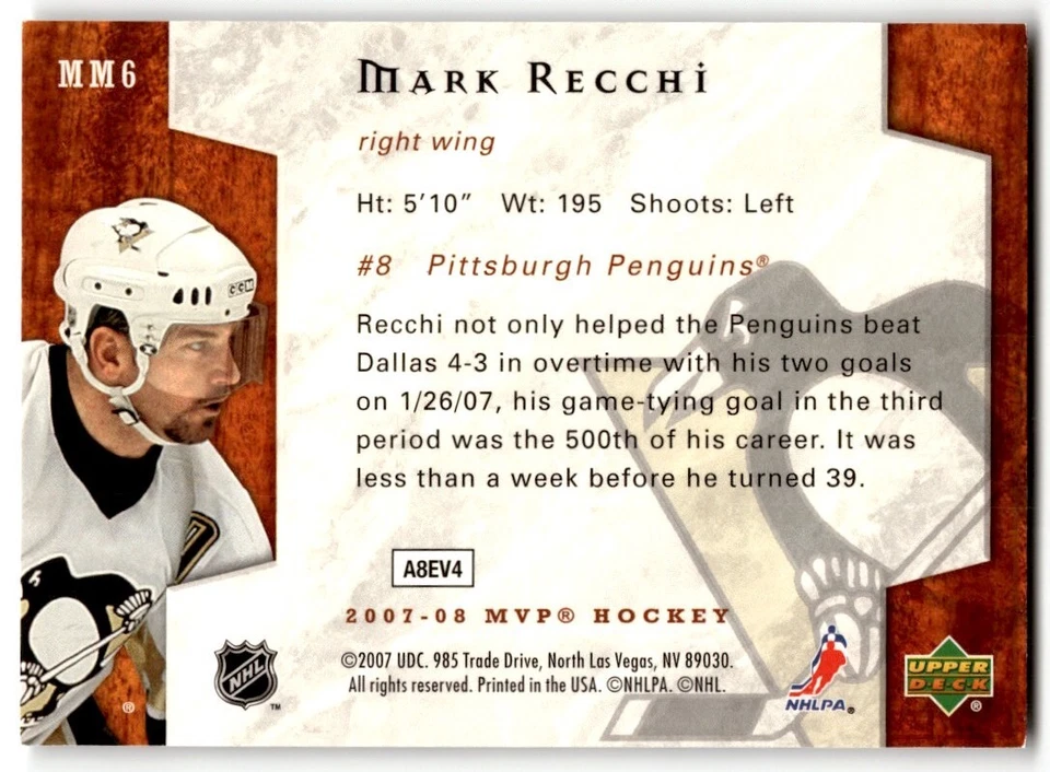 2007-08 Upper Deck MVP Monumental Moments Mark Recchi #MM6 Pittsburgh Penguins - Image 2 of 2