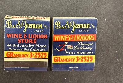 Vintage B & S Zeeman Wine Liquor Store Matchbooks Lot of 2 Gramercy