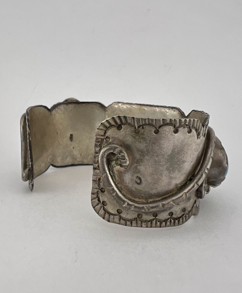 Early 1930's Navajo Coin Silver Morenci Turquoise Stamped
