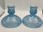 Pair of Vintage Fenton Aqua Iridescent Carnival Glass Fern Candle Holders