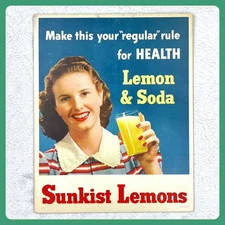 1950s Sunkist Lemons Soda Vintage Advertising Sign 21" Cardboard Litho Display