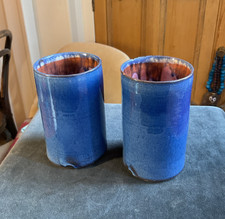Vintage Art Pottery Blue Vase  x2 12cm Tall