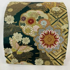 Japanese Silk Fukuro obi Green Thread spool Floral pattern Foil Excellent 047034