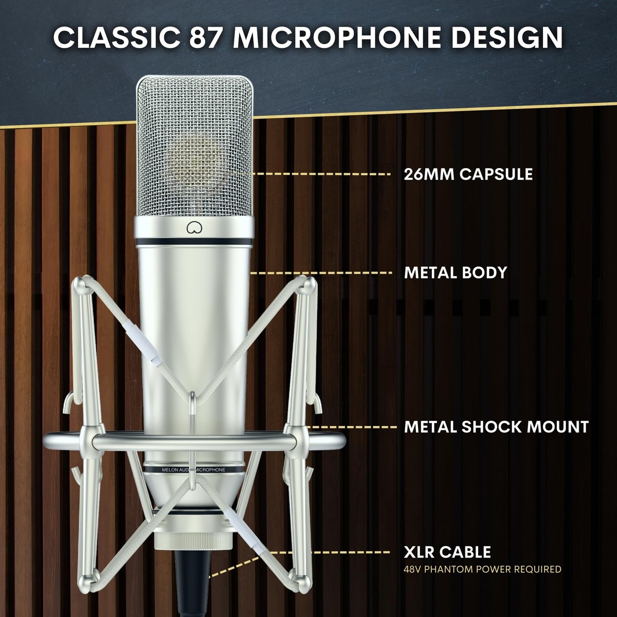 Melon Audio MA-87 Studio Condenser Microphone, 26mm Gold Large