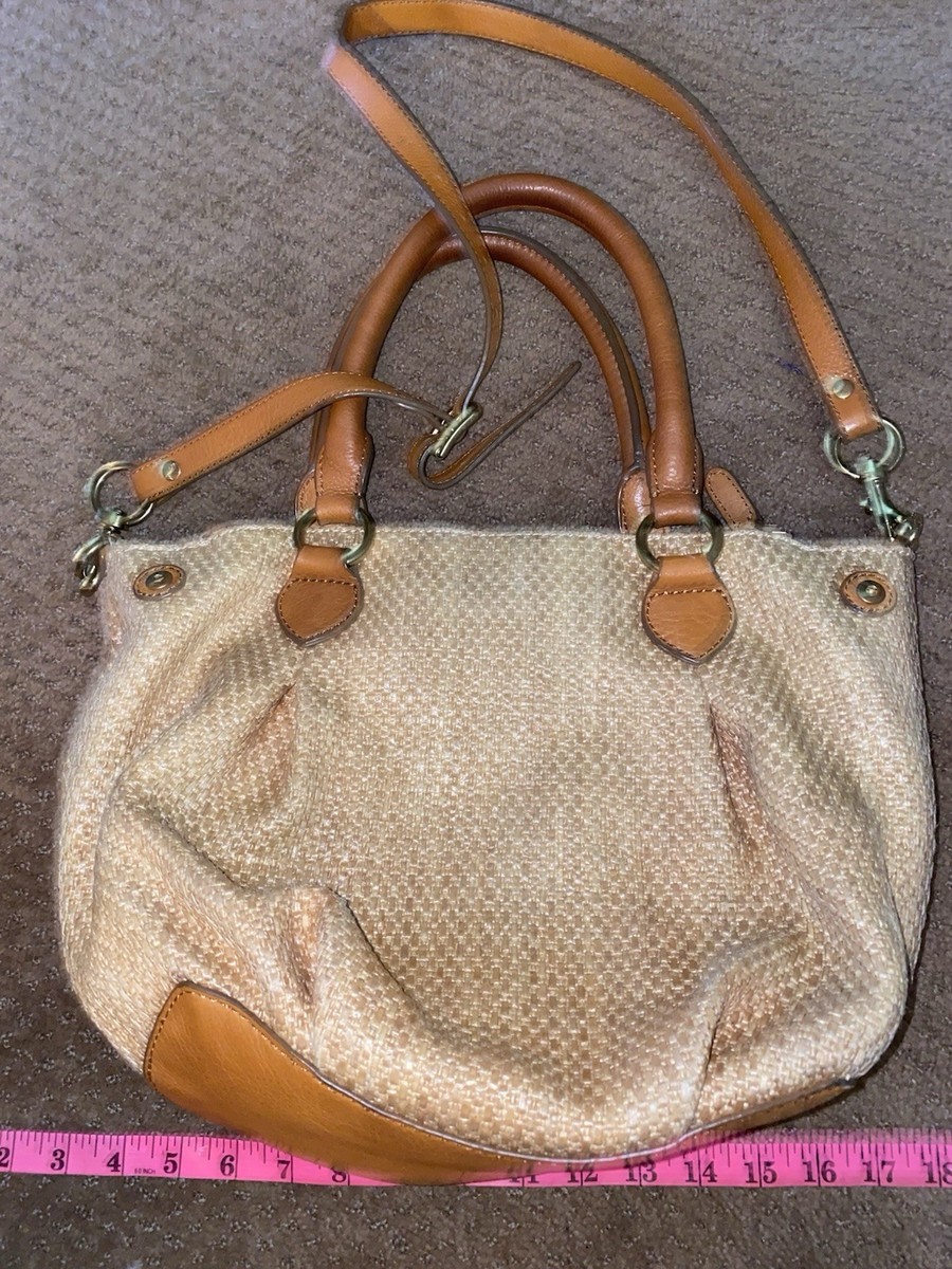 J Crew Beige Woven Polyester Tote Bag Brown Leather Trim Handles purse  straw
