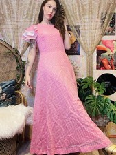 Vintage 1970s Maxi Dress Pink Polkadot Frilly Floaty Long Dress Size 14