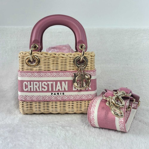 Dior Lady Dior Mini Pink Wicker Rattan Weave Handbag Crossbody Bag Duty Paid