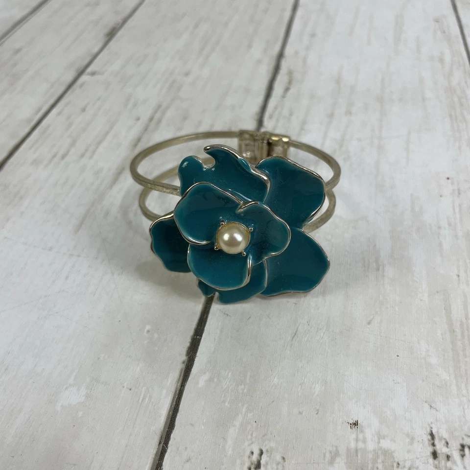 Pulsera Brazalete Flor Declaración Esmalte Turquesa Imitación Perla Centro Tono Plata Foto 2 de 4