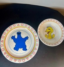 Vintage Sesame Street Porcelain Cookie Monster Plate/Big Bird Bowl 1980's Japan