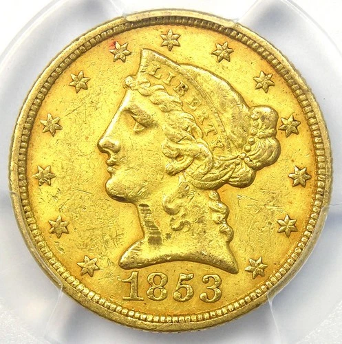 1853-C Liberty Gold Half Eagle $5 - PCGS XF Detail - Rare Charlotte Gold Coin