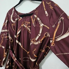 Talbots 14 100% Silk Midi Dress Burgundy Equestrian Chain Belted Derby Old Money