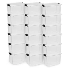 Sterilite 30 Qt Clear Plastic Stackable Storage Bin w/ White Latch Lid, 18 Pack