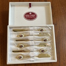 Rare Vintage Royal Albert Old Country Roses 6x 22ct Gold Plated Cake Knives Boxd