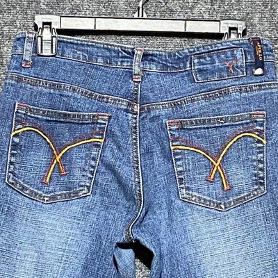 Apollo Jeans VTG Women's 3/4 Medium Wash Flare Leg Denim Blue Whiskered Y2K 90s