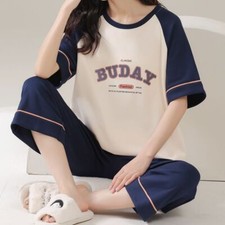 Women Capri Pajama Set 100% Cotton Short Sleeve Top+Pants Sleepwear Homewear