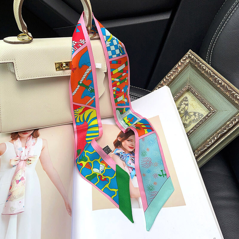 Sallys Twill Silk Scarf Ribbon Holiday Print Slim Headband Bag Neck Tie 85*5cm