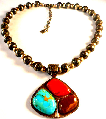 AW Carolyn Pollak Sterling Silver Etched Beads Multi Stone 925 Pendant Necklace