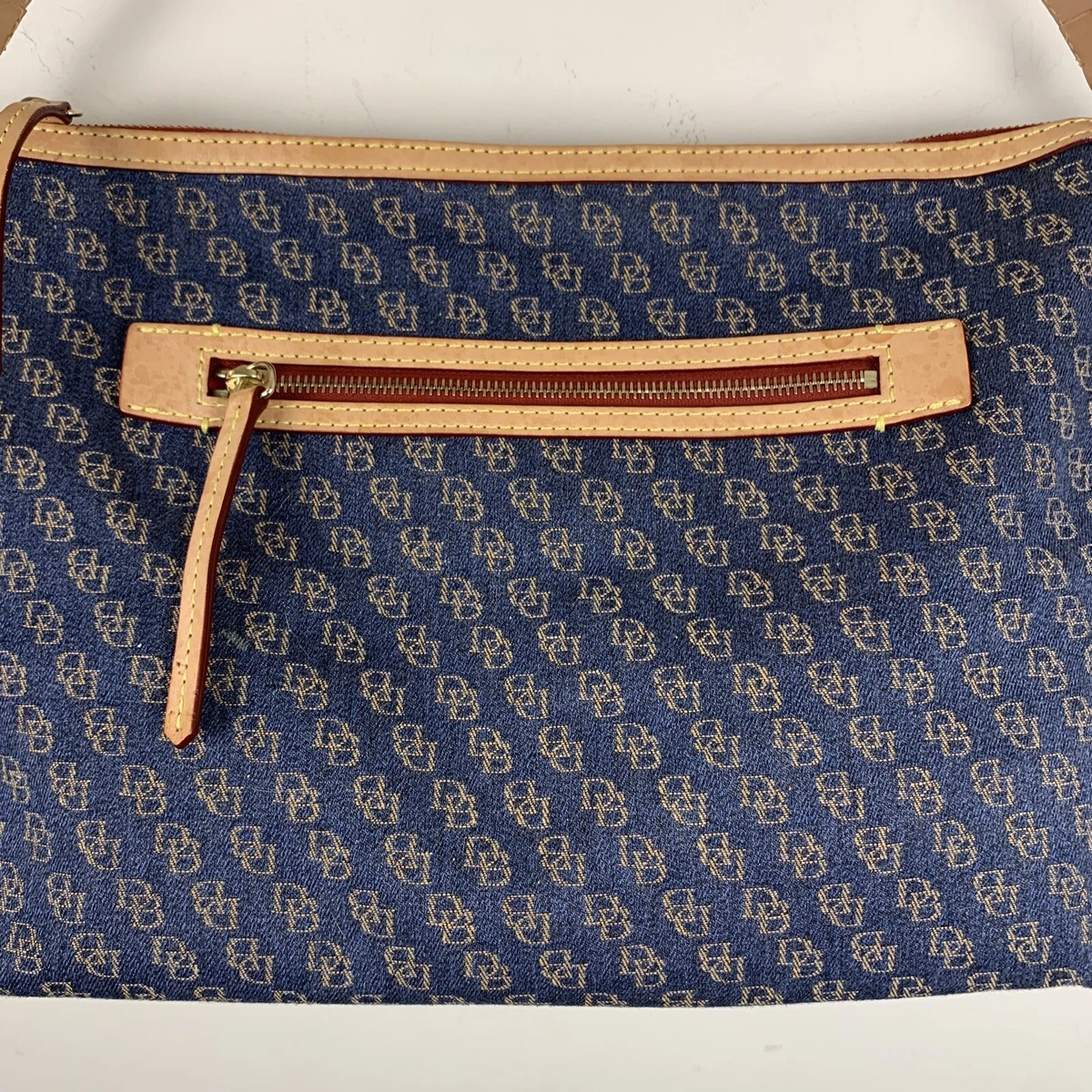 DOONEY & BOURKE SIGNATURE BLUE DENIM PURSE/TOTE TAN LEATHER RED INTERIOR  16Wx