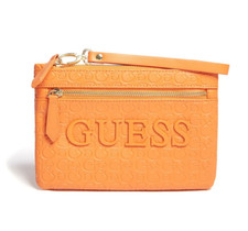 NEW GUESS ORANGE CORAL EMBOSSED LEATHERETTE,GOLD ZIP,LOGO,WRISTLET,CLUTCH,WALLET