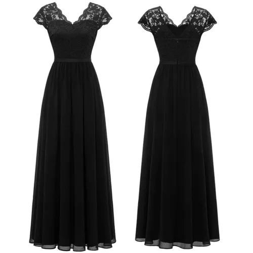 Schickes Damen Spitze Maxi Chiffon Brautjungfer formell Abschlussball Abend Hochzeit Party Kleid - Bild 13 von 34