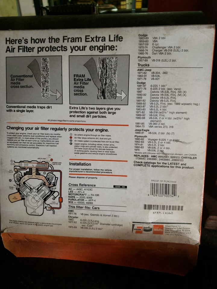 Filtro de aire NORS FRAM CA 160 PARA 57-89 DODGE/PLYMOUTH/JEEP/CHRYSLER Foto 2 de 4