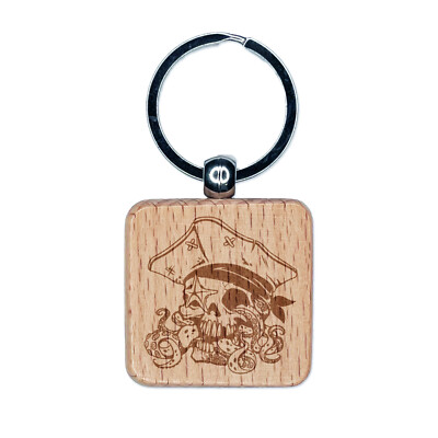 Pirate Skull with Octopus Tentacles Engraved Wood Square Keychain Tag Charm