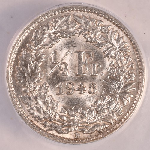 1948-B 1/2 Franc Silver Switzerland - ANACS AU58 - "PQ Looks Nicer"