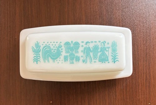 Vintage Pyrex Amish Butterprint Turquoise Butter Dish W Cover. White Milk Glass