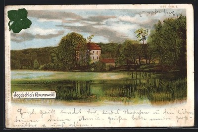Lithograph Grunewald, hunting lodge in landscape, with relief leaf application 