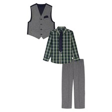 Boys IZOD Poplin Shirt Vest Set w Tie Pant Nice Dress Grey Plaid Easter Size 8