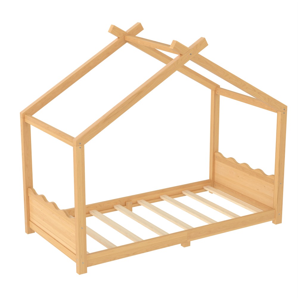 Twin Size House Floor Bed w/ Support Slats,Modern Wood Frame for Kids Bedroom