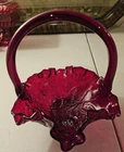 Vintage 1997 Fenton, Art Glass Ruby Red Rose Pattern Basket 5.5" Exc. Condition