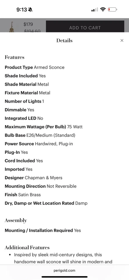 Aplique Salem One Arm LATÓN SATINADO CONFORT VISUAL 4198101-848 ¡NUEVO EN CAJA! Foto 4 de 4