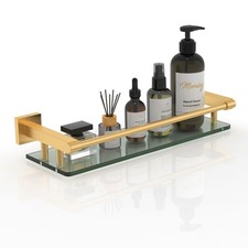 16 Inch Brusheld Gold Bathroom Glass Shelves with Stainless Steel Railing, Te...