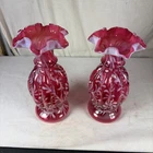 PAIR of Vintage HAND-SIGNED W.C. FENTON CRANBERRY & OPALESCENT GLASS VASES