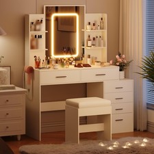 Dressing Table Drawers LED Mirror Makeup Desk Vanity Table Stool Charging Statio