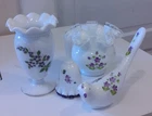 4 piece FENTON VIOLETS IN THE SNOW MINI PURPLE CREST BELL, VASE, BIRD, ROSE BOWL