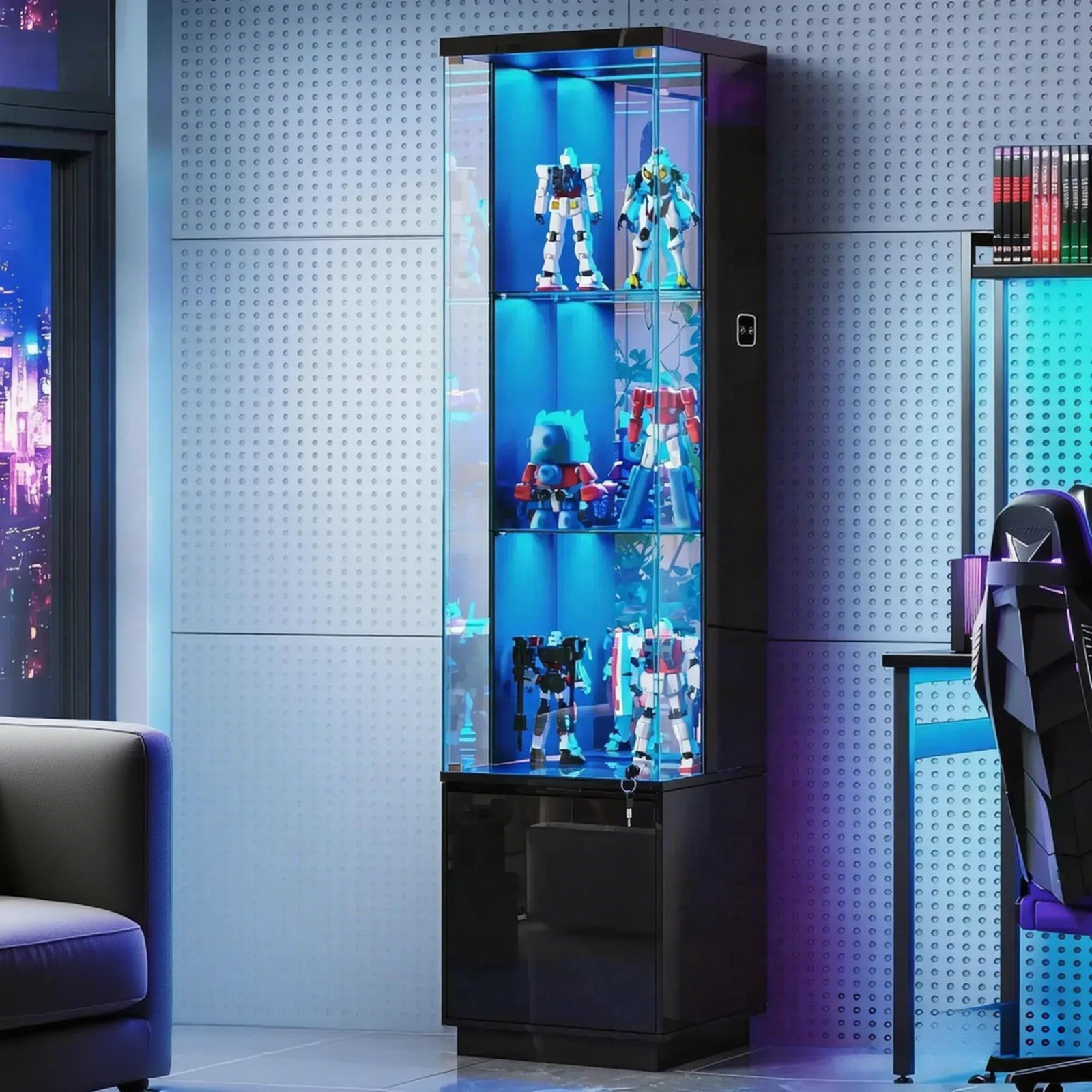 Corner Display Cabinet with Glass Doors, Curio Cabinet with Lock & LED Lights