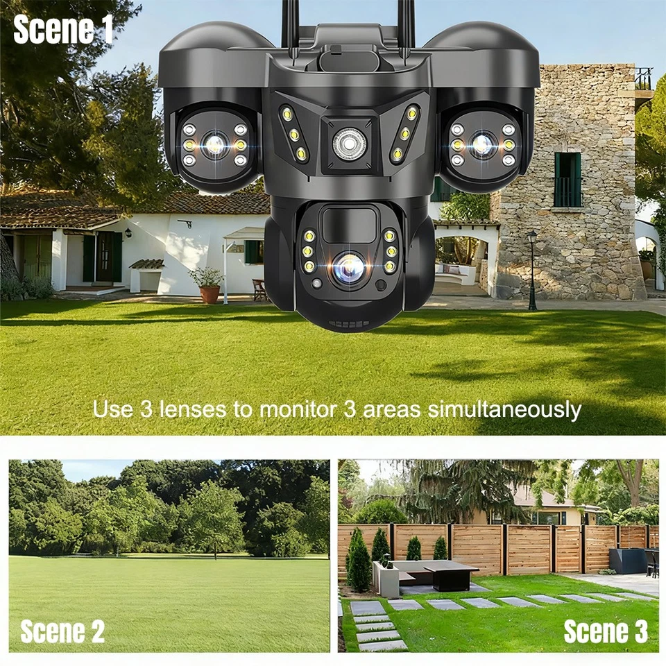 NEW 3 Lens Solar Battery Home Security Camera Outdoor Wifi Wireless PTZ CCTV US - Image 2 of 4