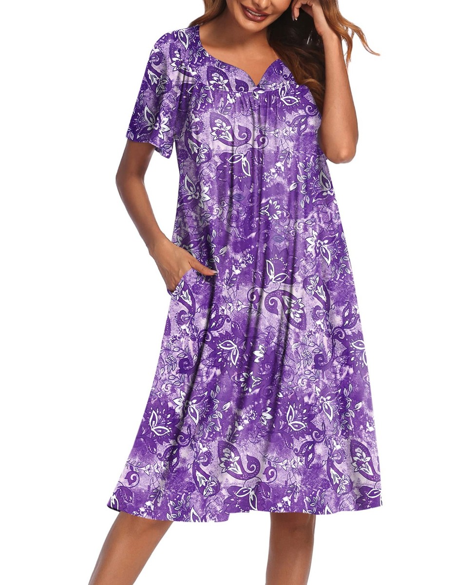 Ekouaer Women's House Dress with Pockets Floral Purple M