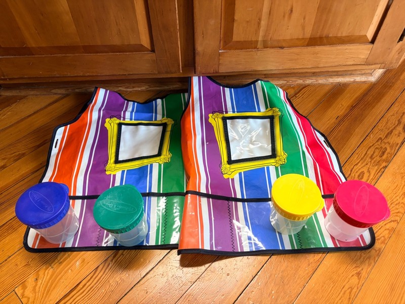Two Melissa And Doug Artist Colorful Kids Smocks and 4 Paint Containers